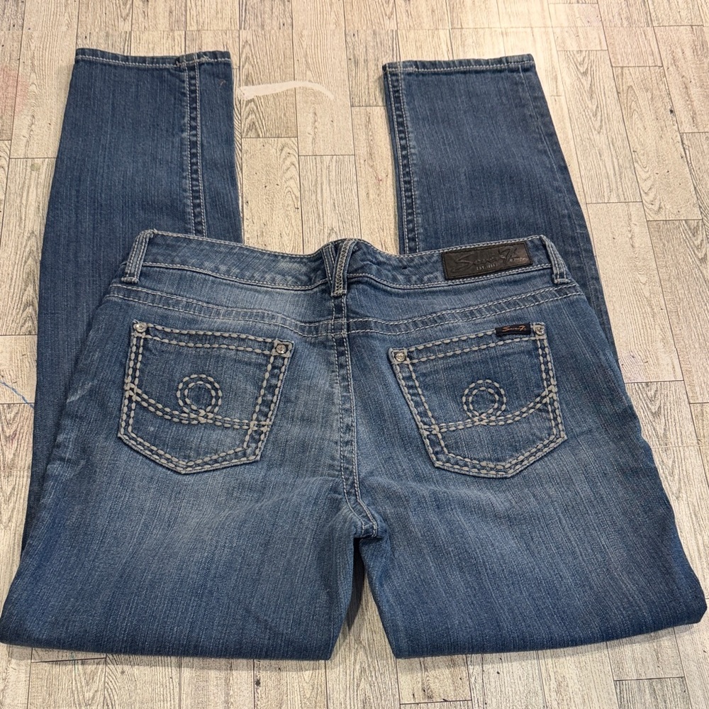 Seven7 Medium Blue Straight Leg Jeans with Embroidered Back Pockets
